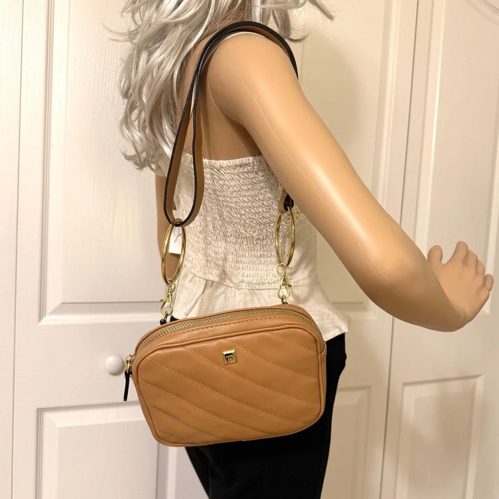 GIANNI BINI Tan Quilted Chevron Crossbody Shoulder Handbag Removable Str…